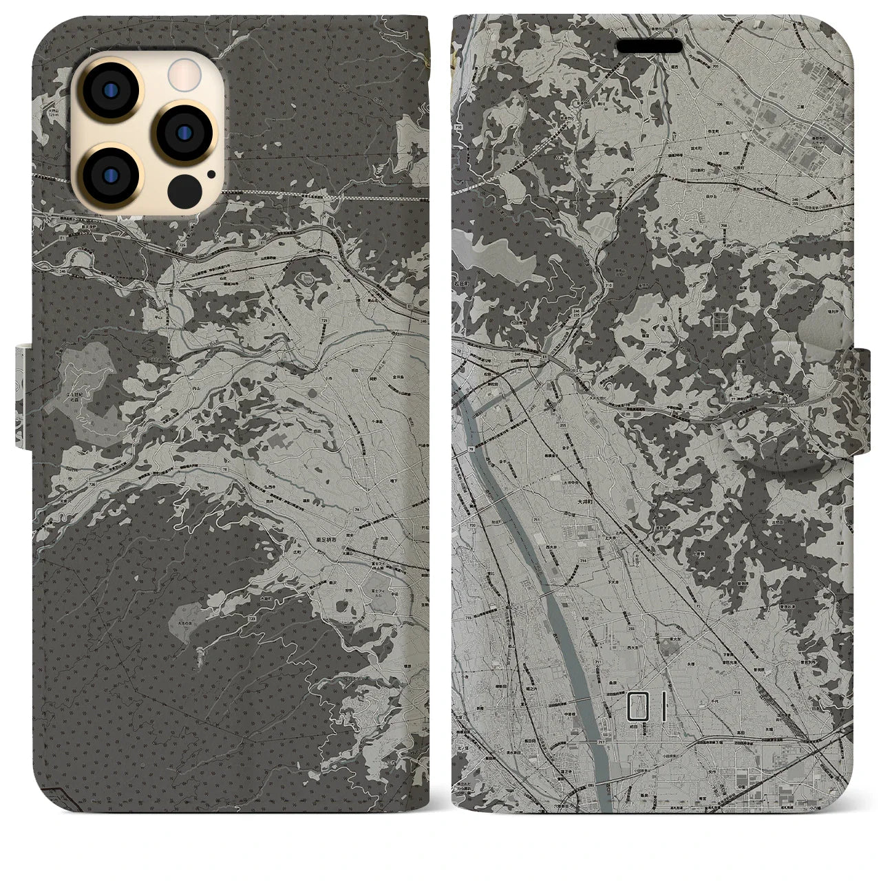 【大井(神奈川県)】地図柄iPhoneケース(手帳タイプ)モノトーン・iPhone 12 Pro Max 用