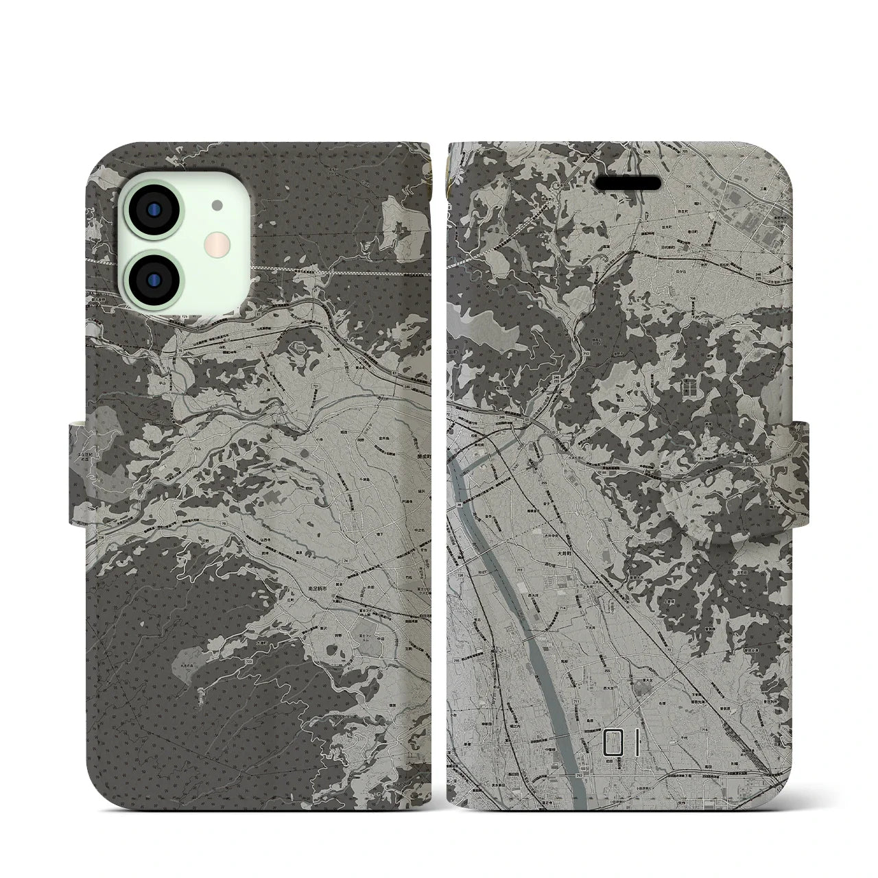【大井(神奈川県)】地図柄iPhoneケース(手帳タイプ)モノトーン・iPhone 12 mini 用
