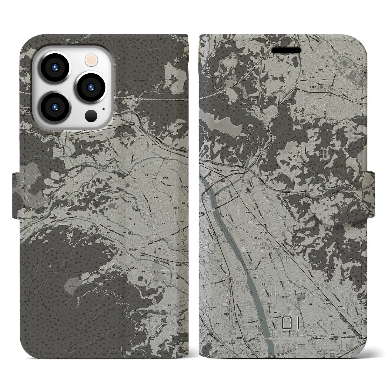 【大井(神奈川県)】地図柄iPhoneケース(手帳タイプ)モノトーン・iPhone 13 Pro 用