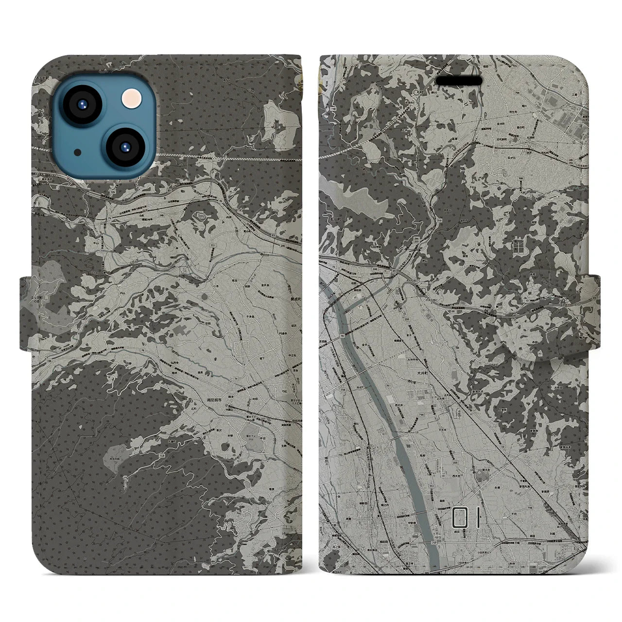 【大井(神奈川県)】地図柄iPhoneケース(手帳タイプ)モノトーン・iPhone 13 用