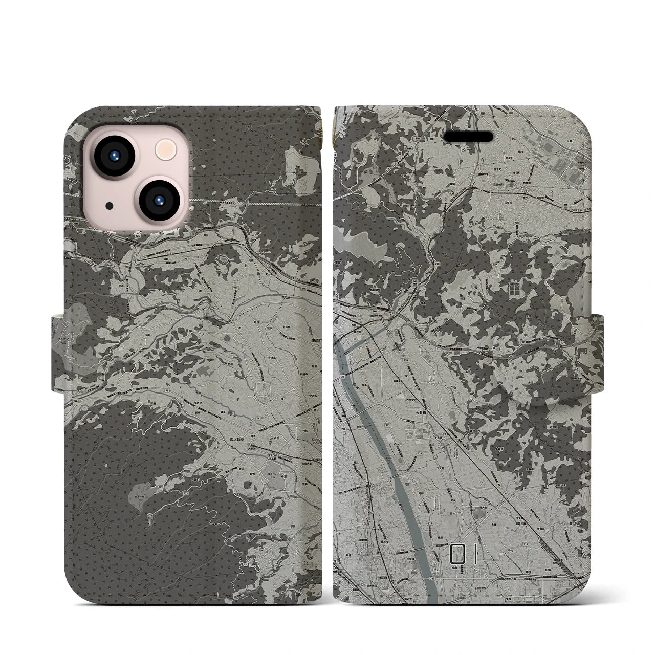【大井(神奈川県)】地図柄iPhoneケース(手帳タイプ)モノトーン・iPhone 13 mini 用
