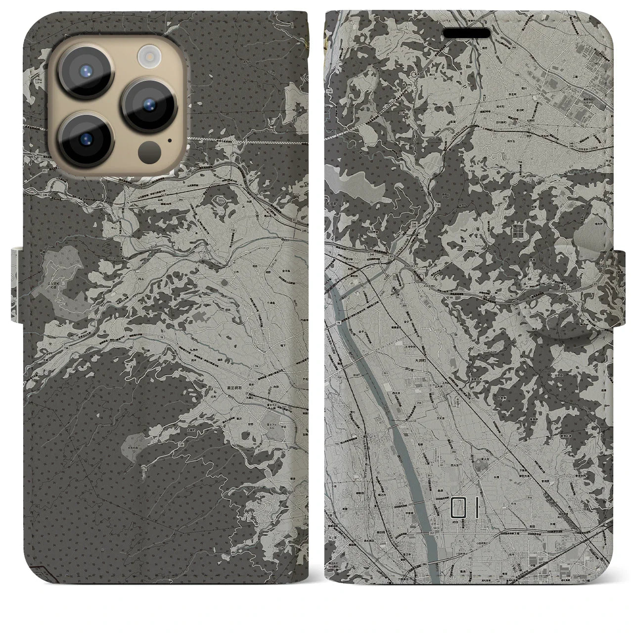 【大井(神奈川県)】地図柄iPhoneケース(手帳タイプ)モノトーン・iPhone 14 Pro Max 用