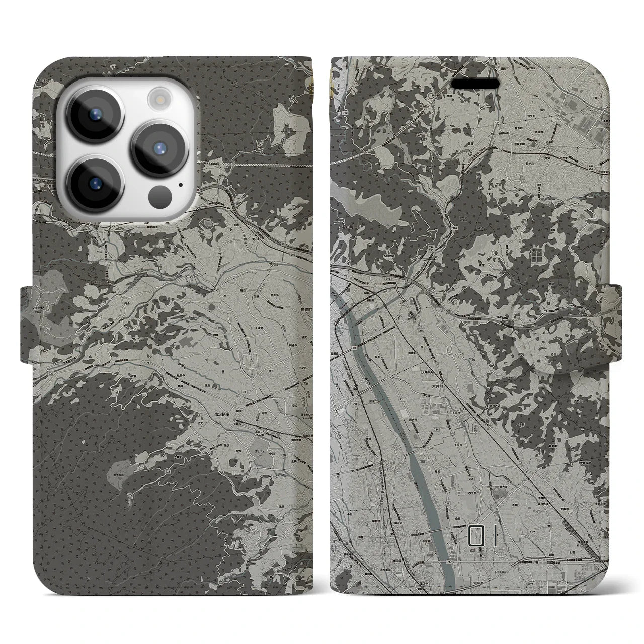 【大井(神奈川県)】地図柄iPhoneケース(手帳タイプ)モノトーン・iPhone 14 Pro 用