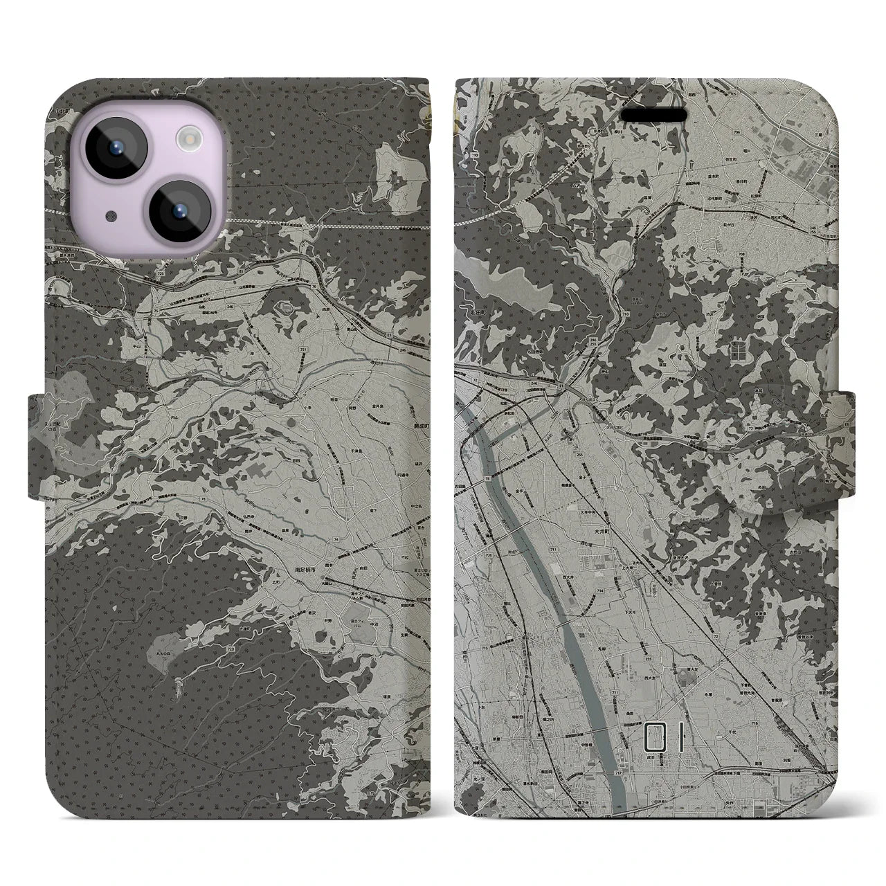 【大井(神奈川県)】地図柄iPhoneケース(手帳タイプ)モノトーン・iPhone 14 用