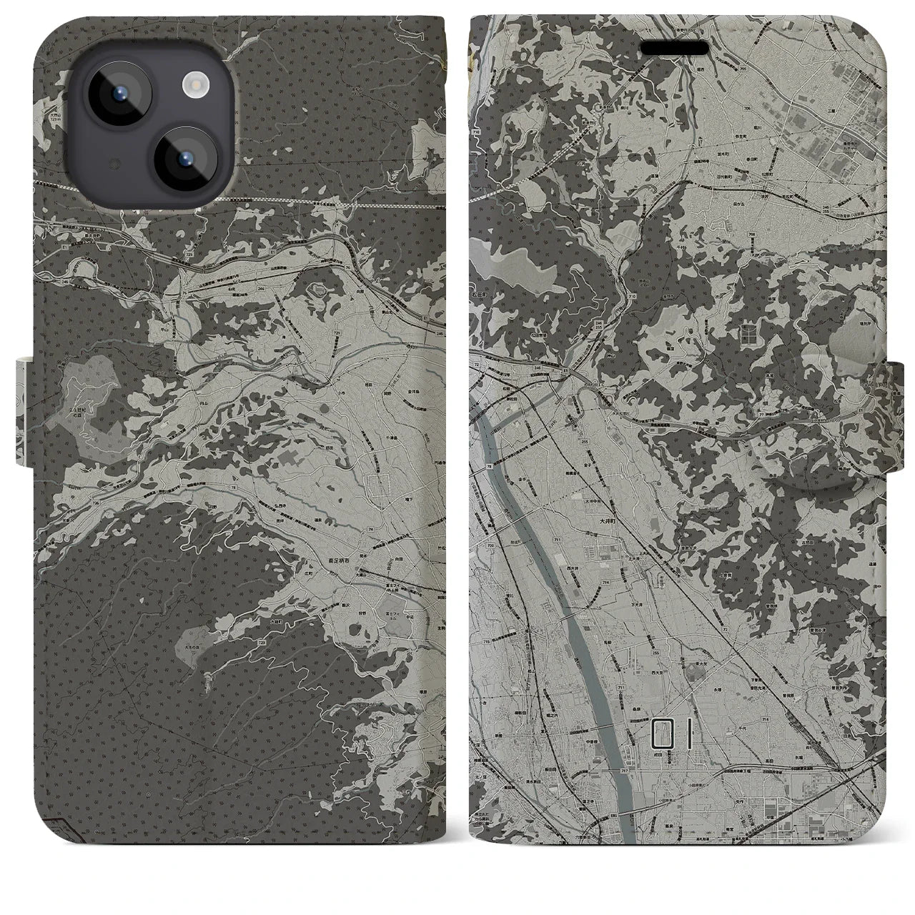 【大井(神奈川県)】地図柄iPhoneケース(手帳タイプ)モノトーン・iPhone 14 Plus 用