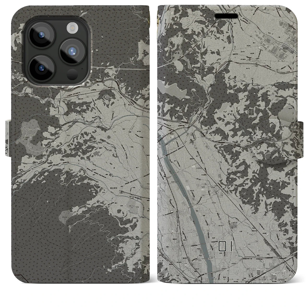 【大井(神奈川県)】地図柄iPhoneケース(手帳タイプ)モノトーン・iPhone 15 Pro Max 用