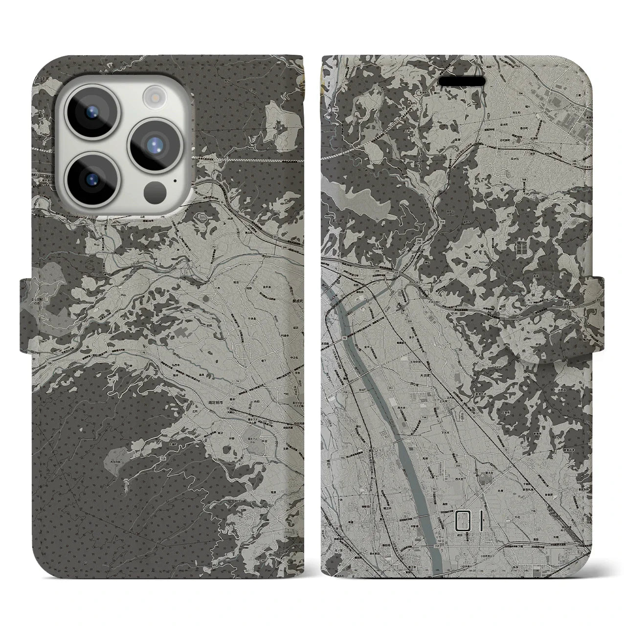 【大井(神奈川県)】地図柄iPhoneケース(手帳タイプ)モノトーン・iPhone 15 Pro 用