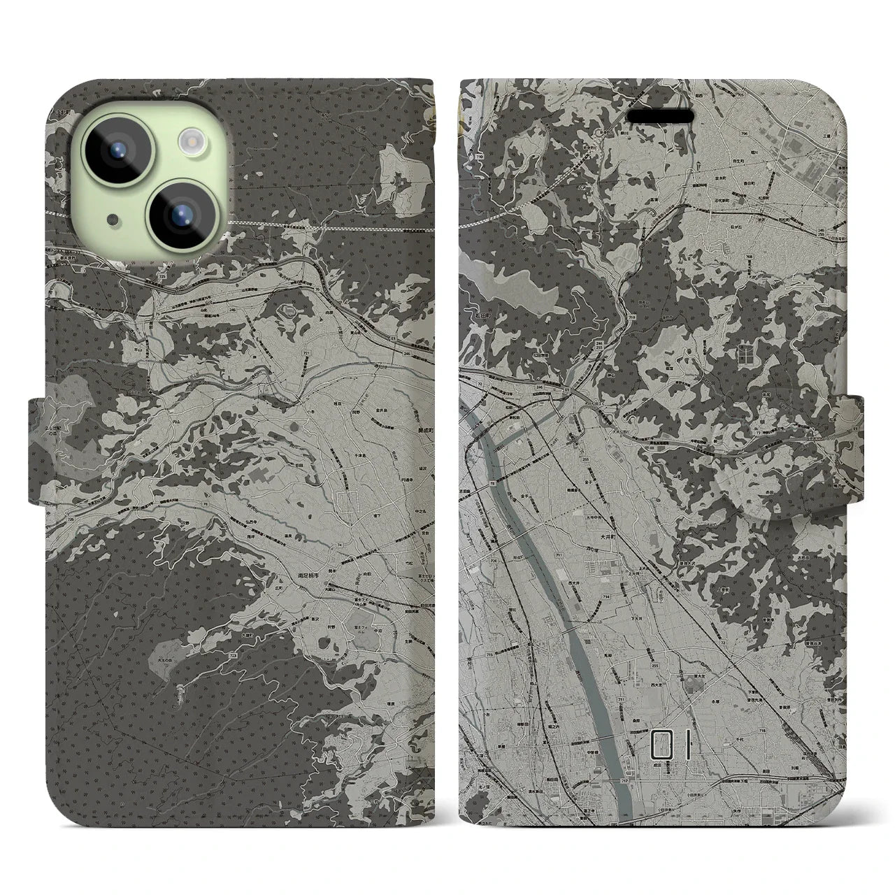 【大井(神奈川県)】地図柄iPhoneケース(手帳タイプ)モノトーン・iPhone 15 用