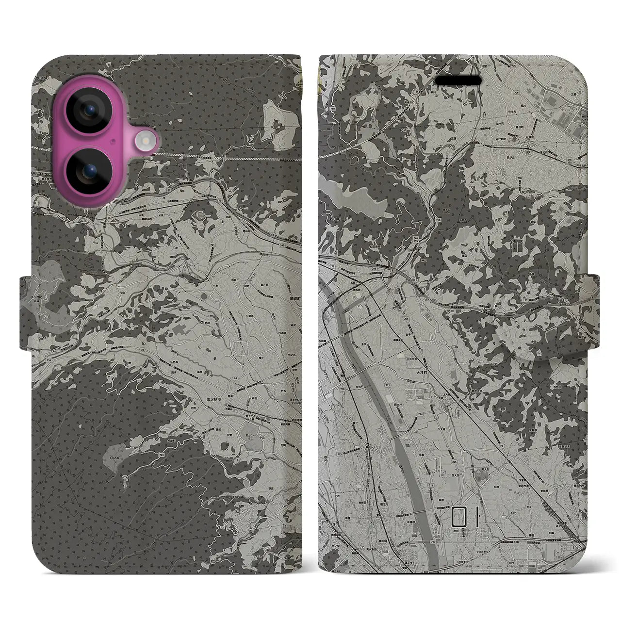 【大井(神奈川県)】地図柄iPhoneケース(手帳タイプ)モノトーン・iPhone 16 Pro 用