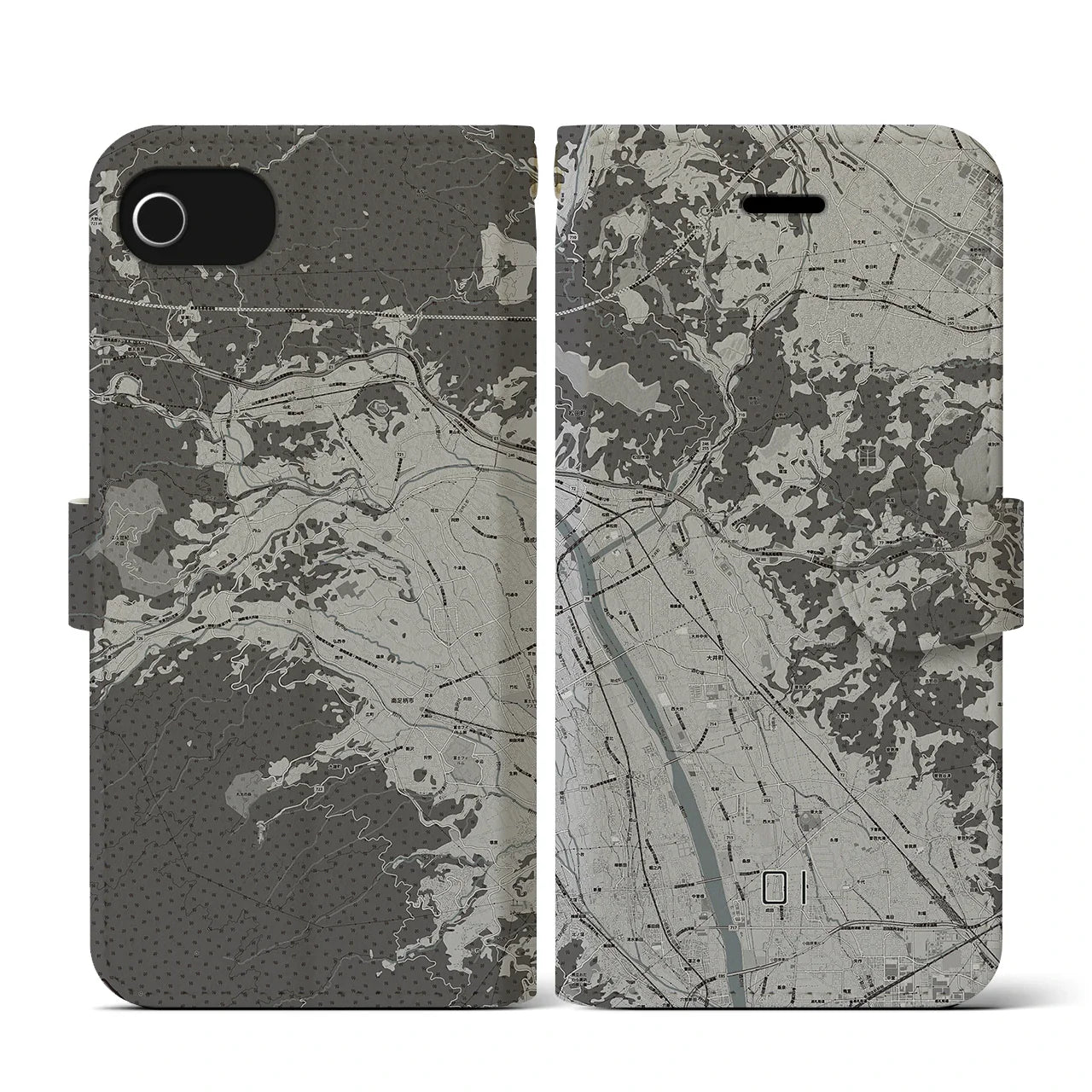 【大井(神奈川県)】地図柄iPhoneケース(手帳タイプ)モノトーン・iPhone SE(第3 / 第2世代) / 8 / 7 / 6s / 6 用