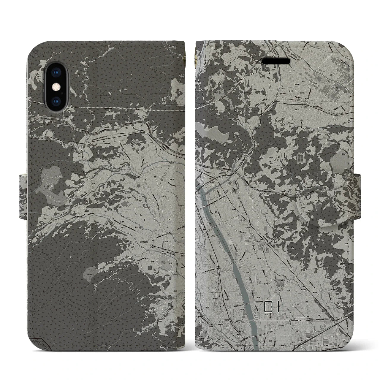 【大井(神奈川県)】地図柄iPhoneケース(手帳タイプ)モノトーン・iPhone XS / X 用