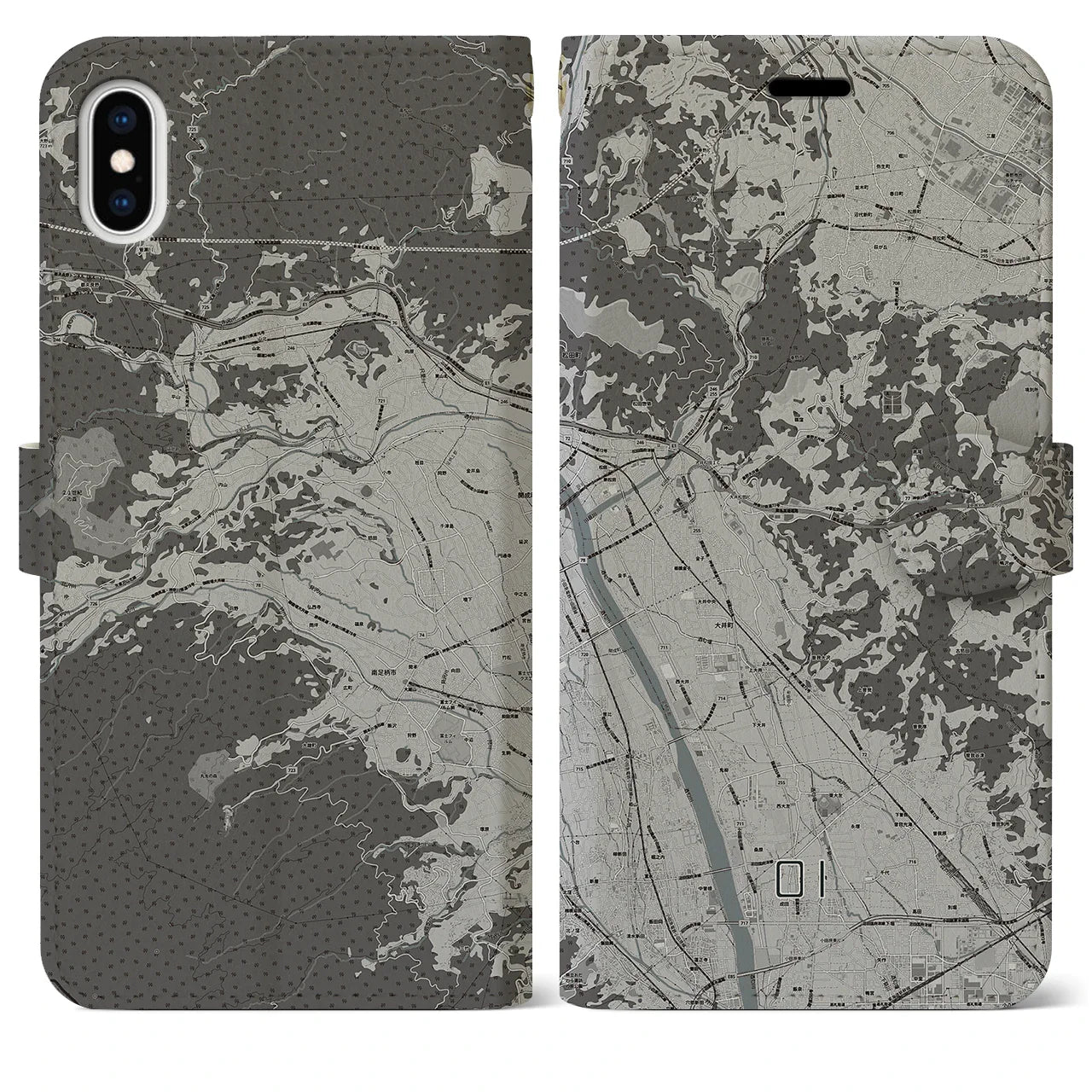 【大井(神奈川県)】地図柄iPhoneケース(手帳タイプ)モノトーン・iPhone XS Max 用
