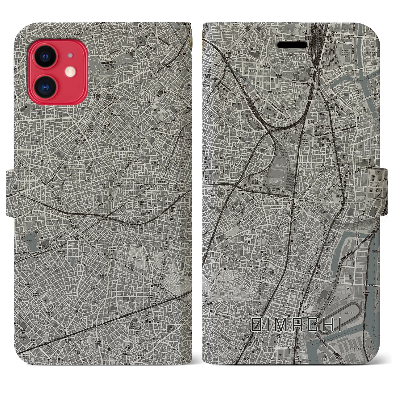 【大井町(東京都)】地図柄iPhoneケース(手帳タイプ)モノトーン・iPhone 11 用