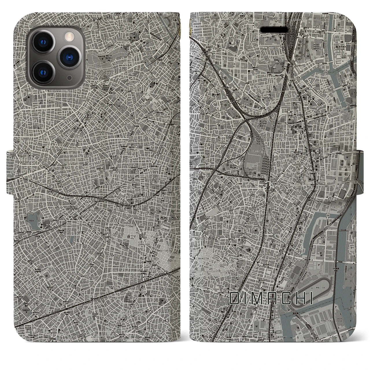 【大井町(東京都)】地図柄iPhoneケース(手帳タイプ)モノトーン・iPhone 11 Pro Max 用