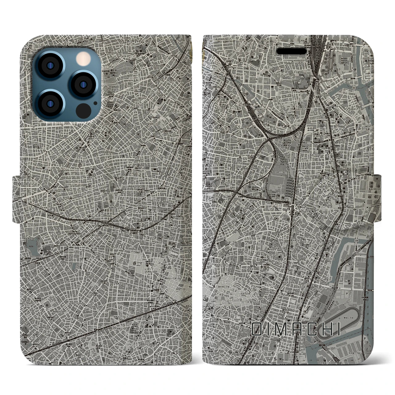 【大井町(東京都)】地図柄iPhoneケース(手帳タイプ)モノトーン・iPhone 12 / 12 Pro 用