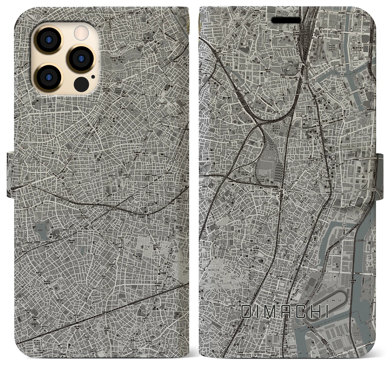 【大井町(東京都)】地図柄iPhoneケース(手帳タイプ)モノトーン・iPhone 12 Pro Max 用