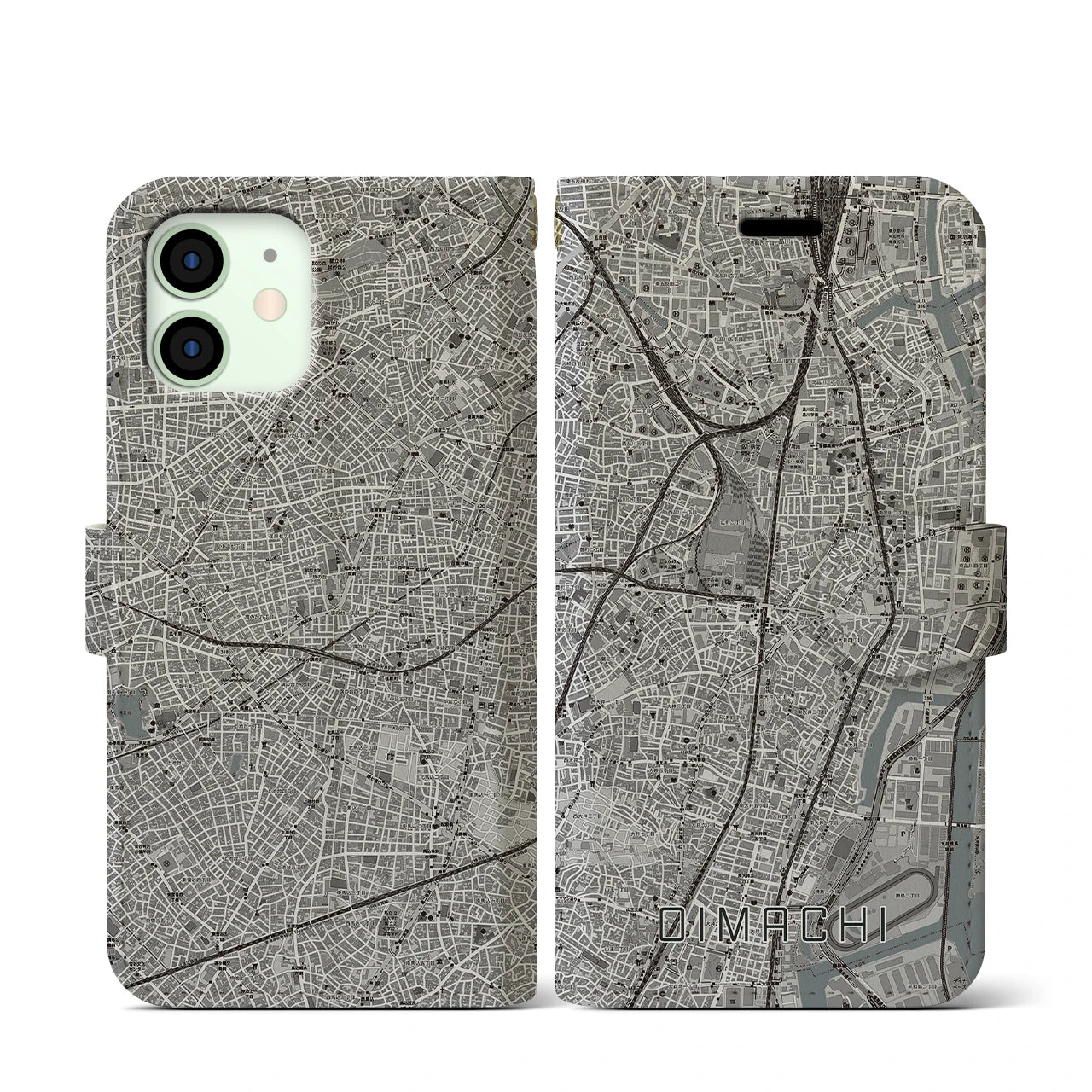 【大井町(東京都)】地図柄iPhoneケース(手帳タイプ)モノトーン・iPhone 12 mini 用