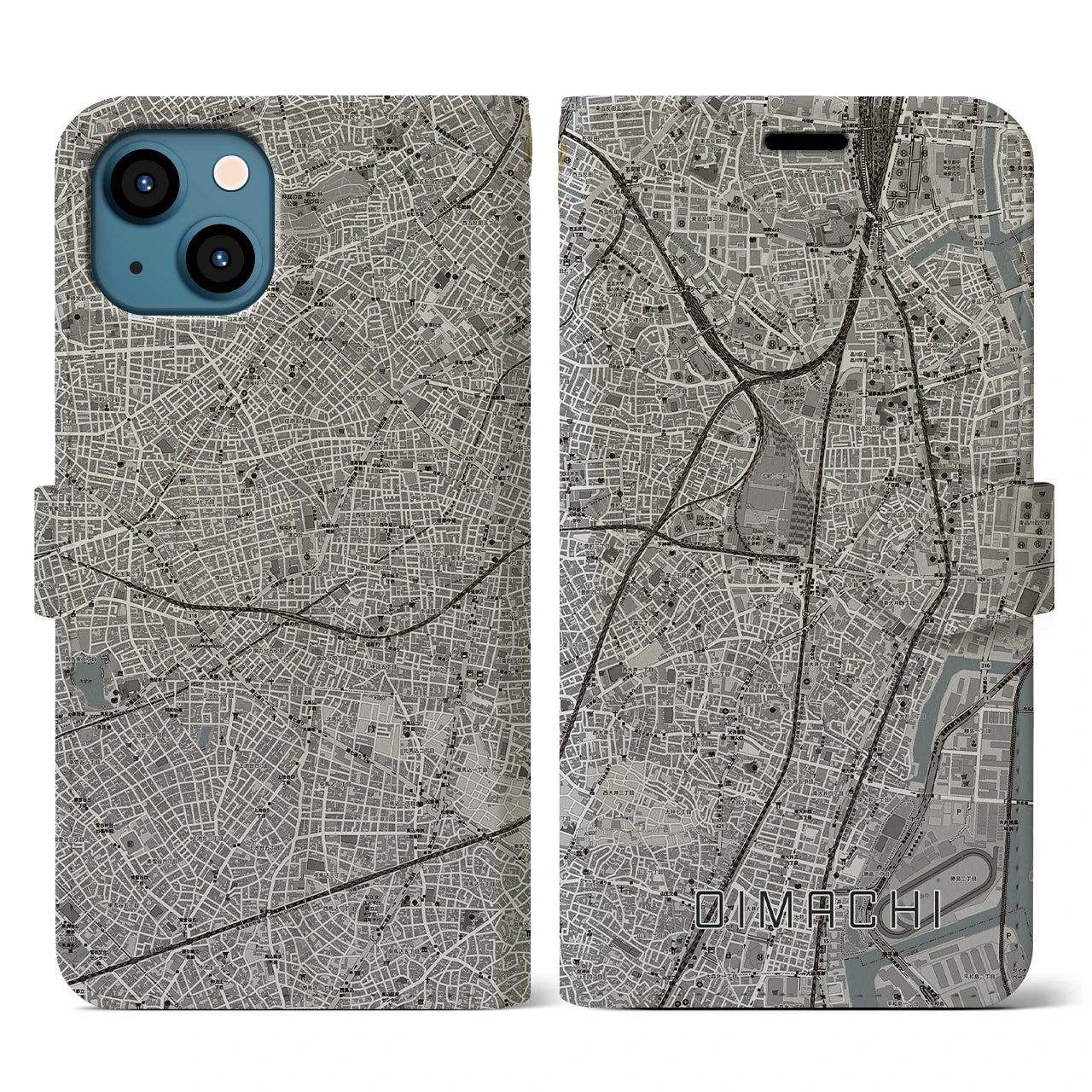 【大井町(東京都)】地図柄iPhoneケース(手帳タイプ)モノトーン・iPhone 13 用