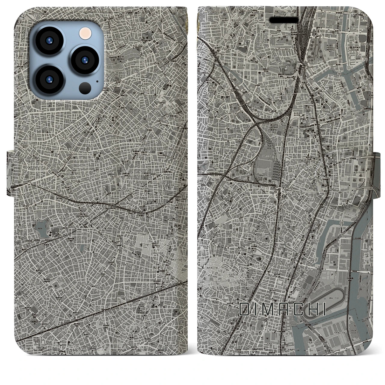 【大井町(東京都)】地図柄iPhoneケース(手帳タイプ)モノトーン・iPhone 13 Pro Max 用