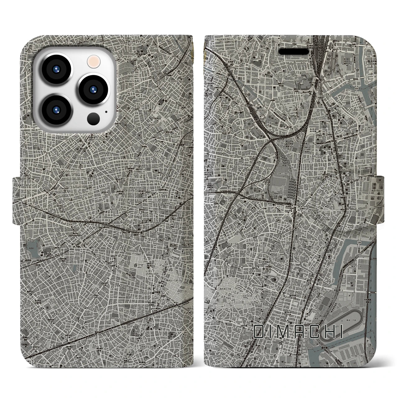 【大井町(東京都)】地図柄iPhoneケース(手帳タイプ)モノトーン・iPhone 13 Pro 用