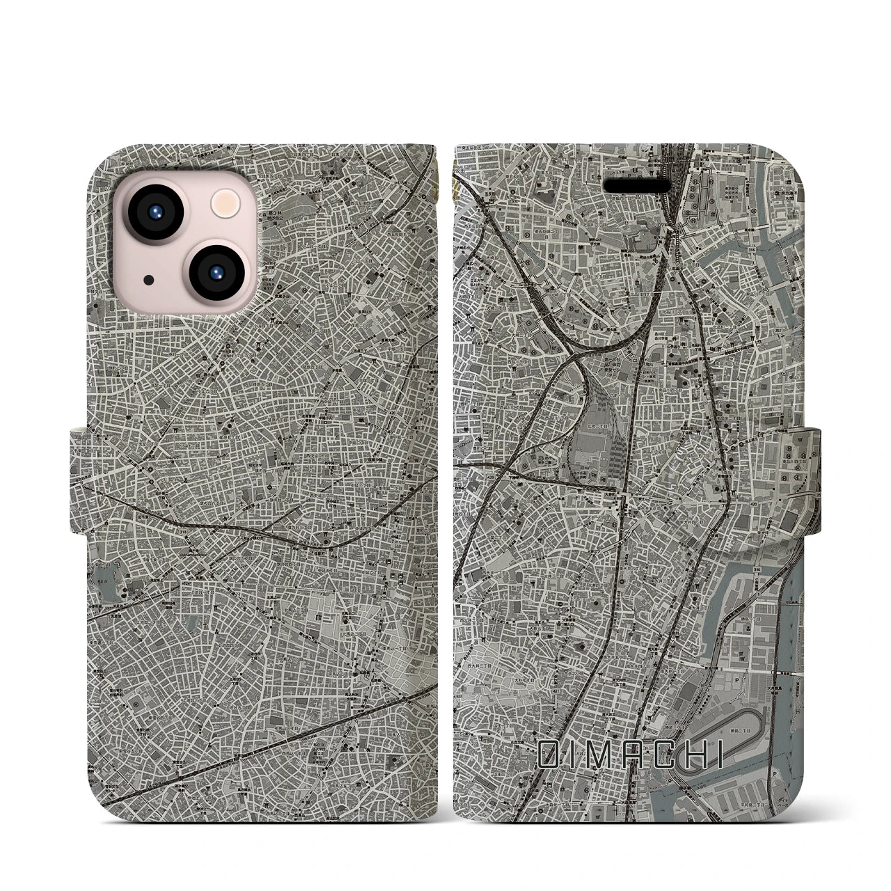 【大井町(東京都)】地図柄iPhoneケース(手帳タイプ)モノトーン・iPhone 13 mini 用