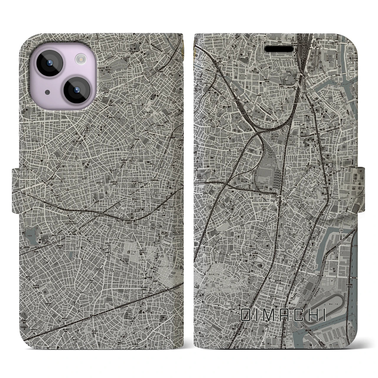 【大井町(東京都)】地図柄iPhoneケース(手帳タイプ)モノトーン・iPhone 14 用
