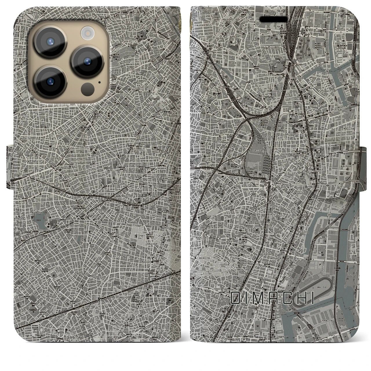 【大井町(東京都)】地図柄iPhoneケース(手帳タイプ)モノトーン・iPhone 14 Pro Max 用