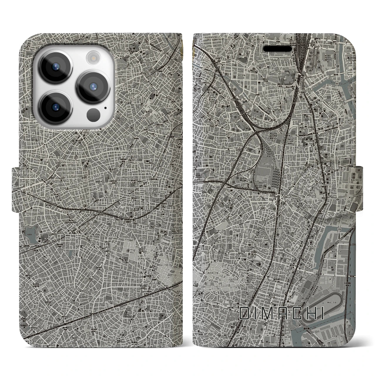 【大井町(東京都)】地図柄iPhoneケース(手帳タイプ)モノトーン・iPhone 14 Pro 用