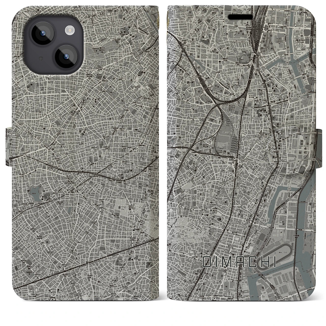 【大井町(東京都)】地図柄iPhoneケース(手帳タイプ)モノトーン・iPhone 14 Plus 用