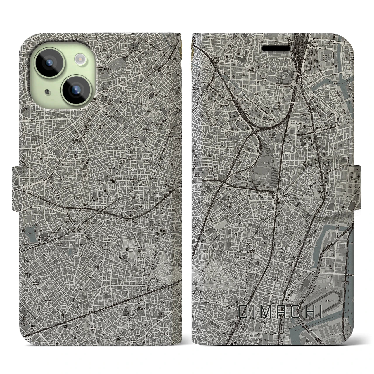 【大井町(東京都)】地図柄iPhoneケース(手帳タイプ)モノトーン・iPhone 15 用