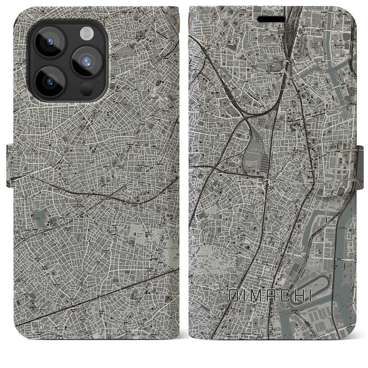 【大井町(東京都)】地図柄iPhoneケース(手帳タイプ)モノトーン・iPhone 15 Pro Max 用