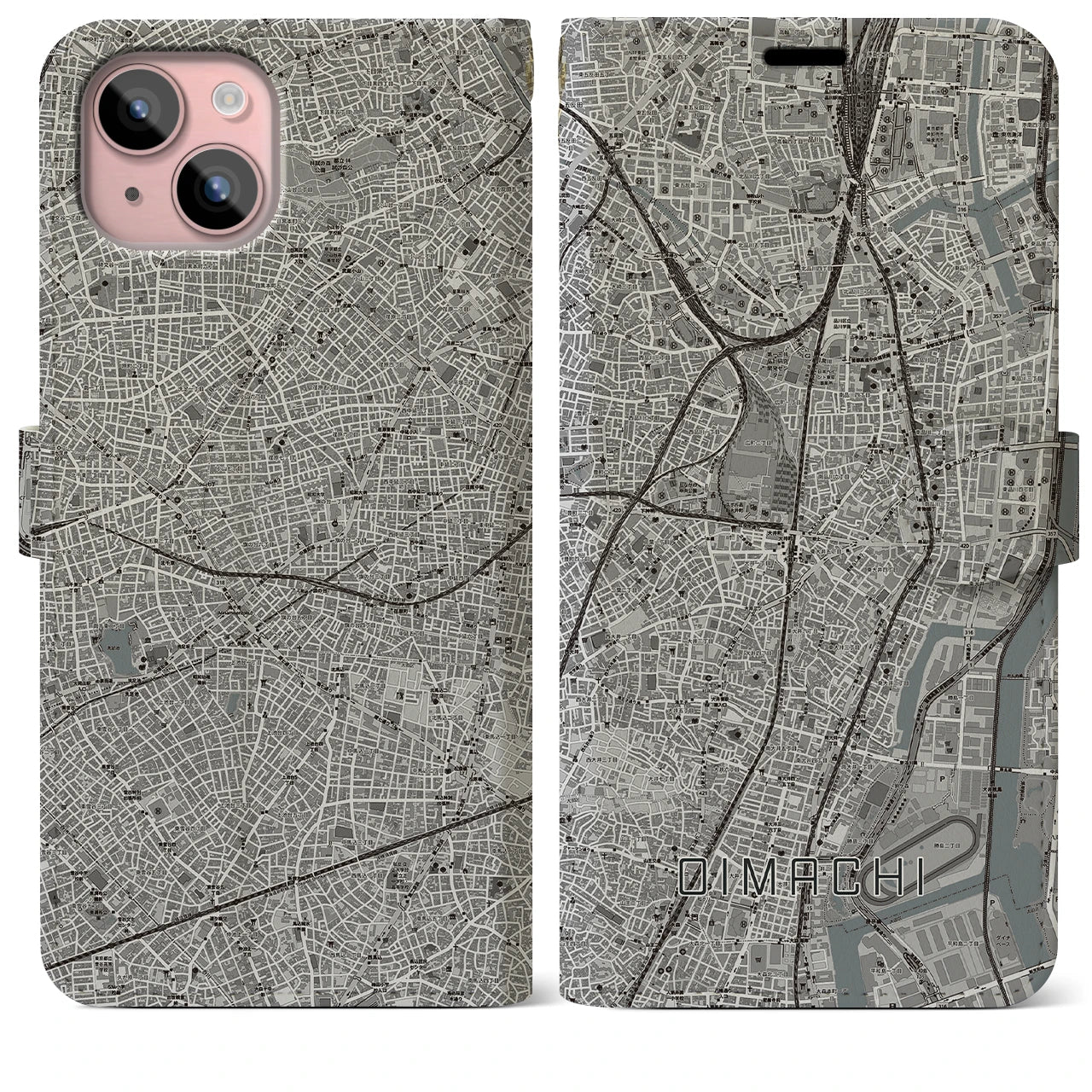 【大井町(東京都)】地図柄iPhoneケース(手帳タイプ)モノトーン・iPhone 15 Plus 用