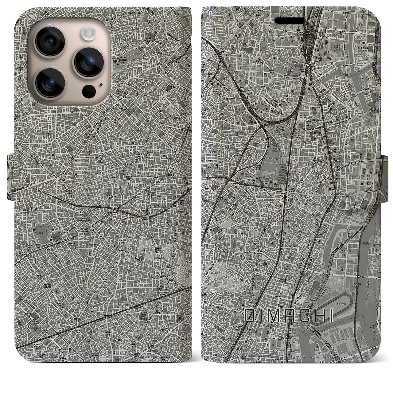 【大井町(東京都)】地図柄iPhoneケース(手帳タイプ)モノトーン・iPhone 16 Plus 用