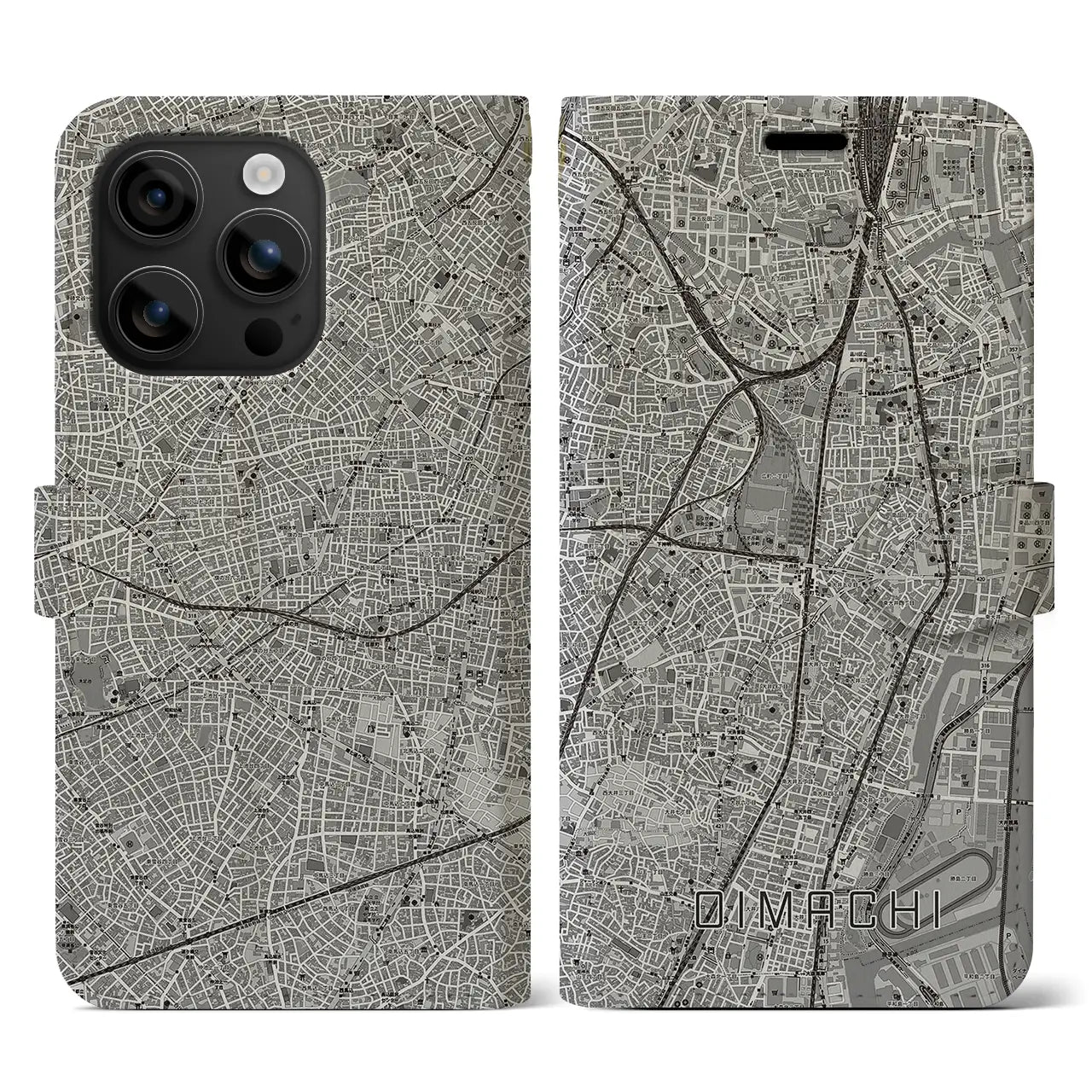 【大井町(東京都)】地図柄iPhoneケース(手帳タイプ)モノトーン・iPhone 16 用