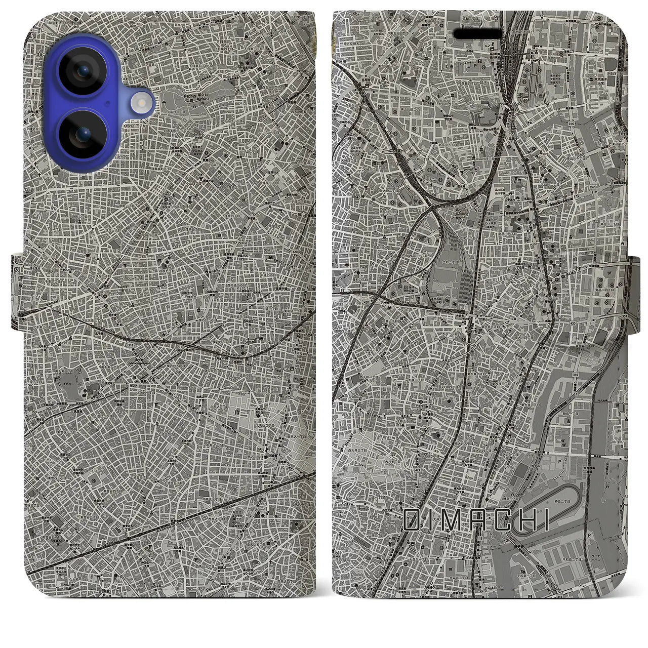 【大井町(東京都)】地図柄iPhoneケース(手帳タイプ)モノトーン・iPhone 16 Pro Max 用