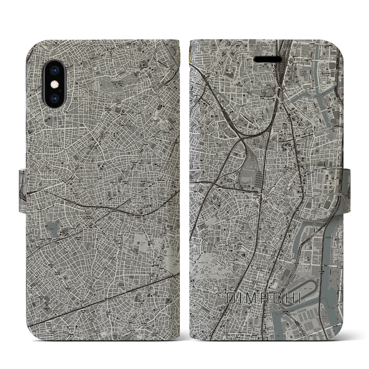 【大井町(東京都)】地図柄iPhoneケース(手帳タイプ)モノトーン・iPhone XS / X 用