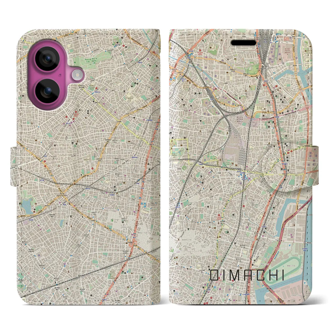 【大井町(東京都)】地図柄iPhoneケース(手帳タイプ)ナチュラル・iPhone 16 Pro 用