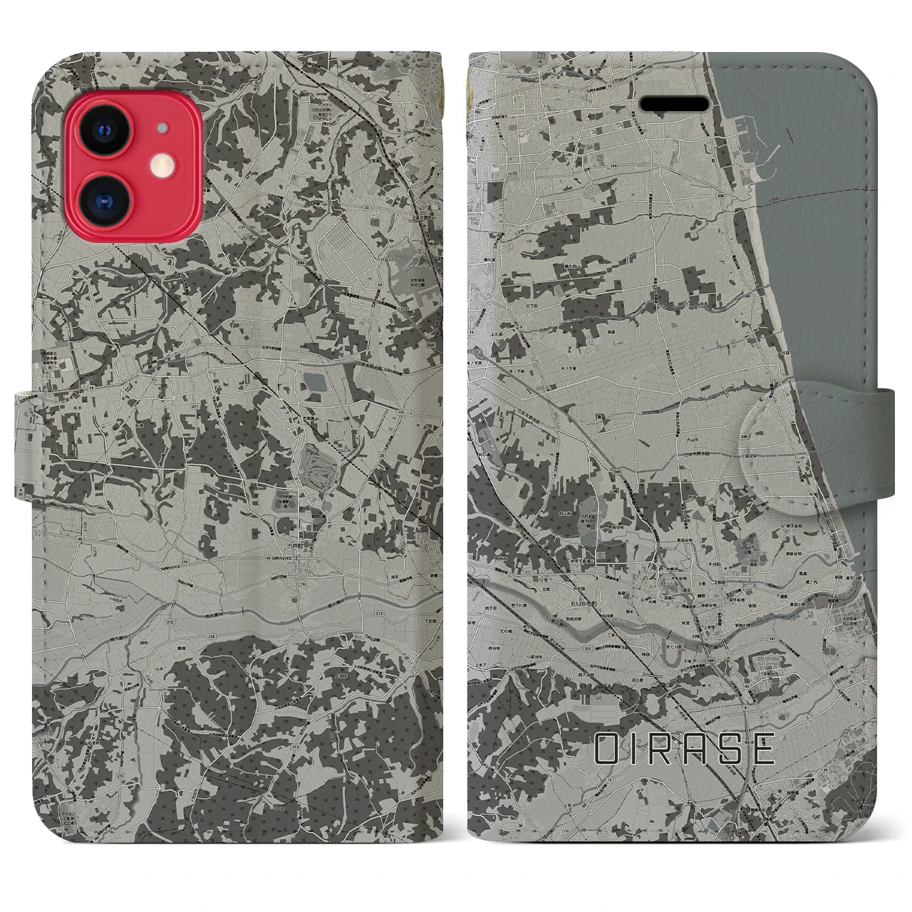 【おいらせ(青森県)】地図柄iPhoneケース(手帳タイプ)モノトーン・iPhone 11 用