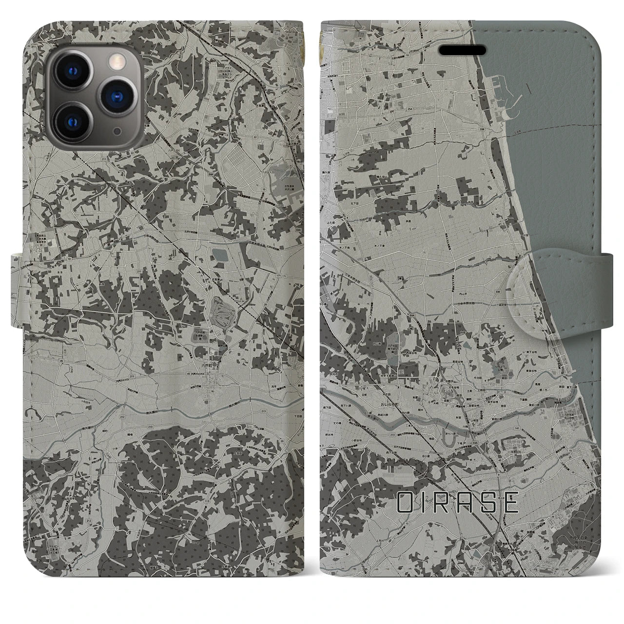 【おいらせ(青森県)】地図柄iPhoneケース(手帳タイプ)モノトーン・iPhone 11 Pro Max 用
