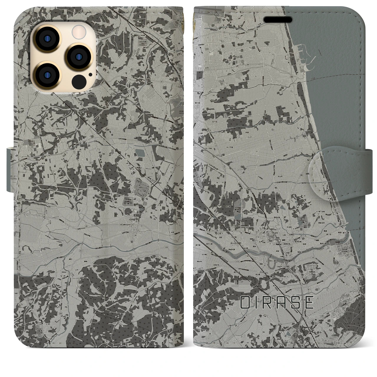 【おいらせ(青森県)】地図柄iPhoneケース(手帳タイプ)モノトーン・iPhone 12 Pro Max 用