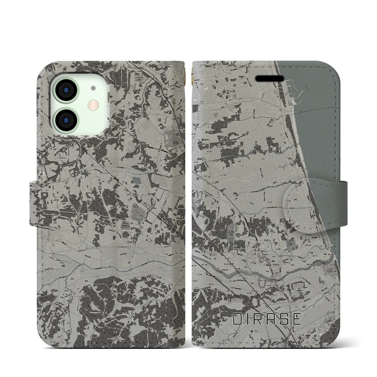 【おいらせ(青森県)】地図柄iPhoneケース(手帳タイプ)モノトーン・iPhone 12 mini 用