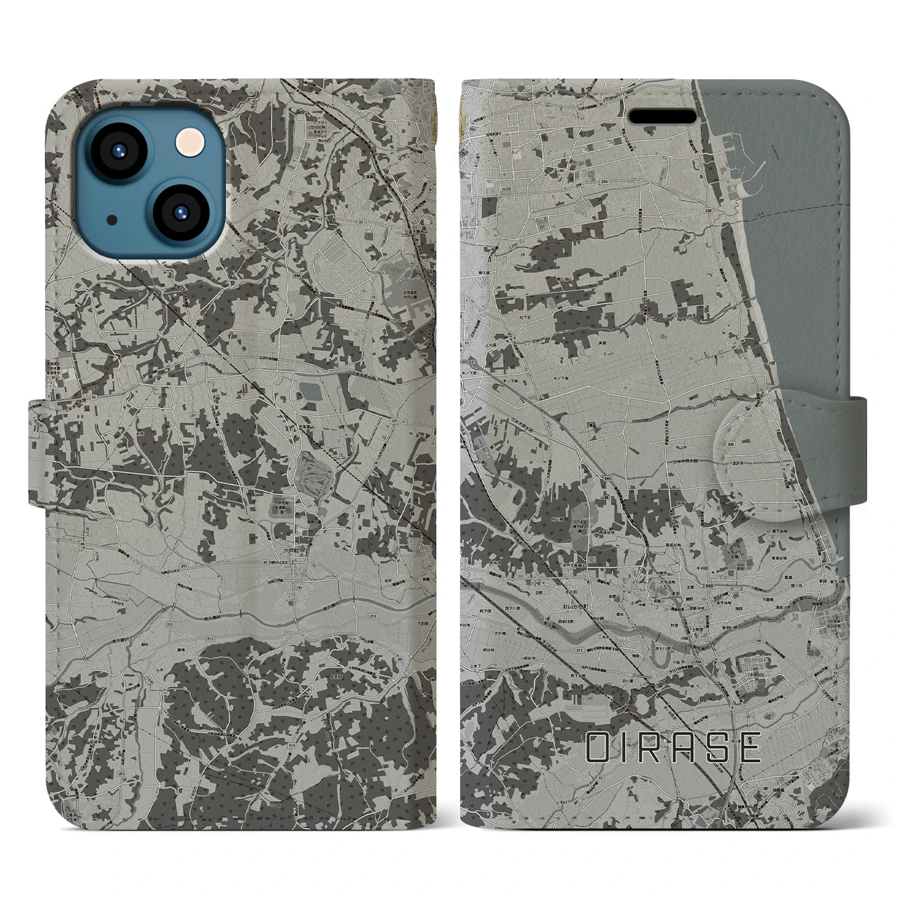【おいらせ(青森県)】地図柄iPhoneケース(手帳タイプ)モノトーン・iPhone 13 用