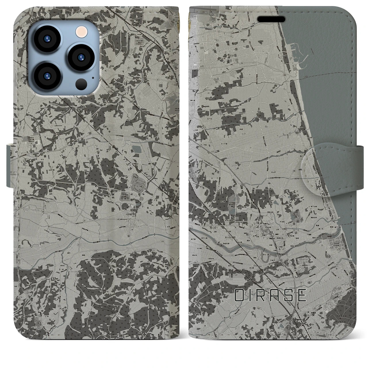 【おいらせ(青森県)】地図柄iPhoneケース(手帳タイプ)モノトーン・iPhone 13 Pro Max 用