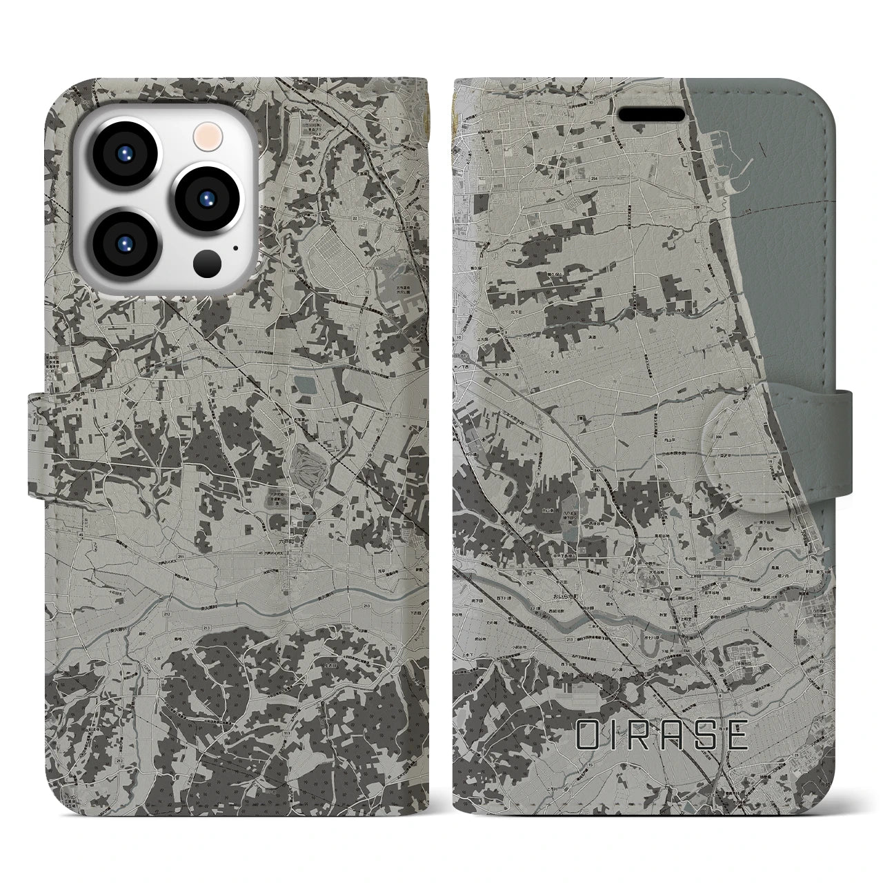 【おいらせ(青森県)】地図柄iPhoneケース(手帳タイプ)モノトーン・iPhone 13 Pro 用