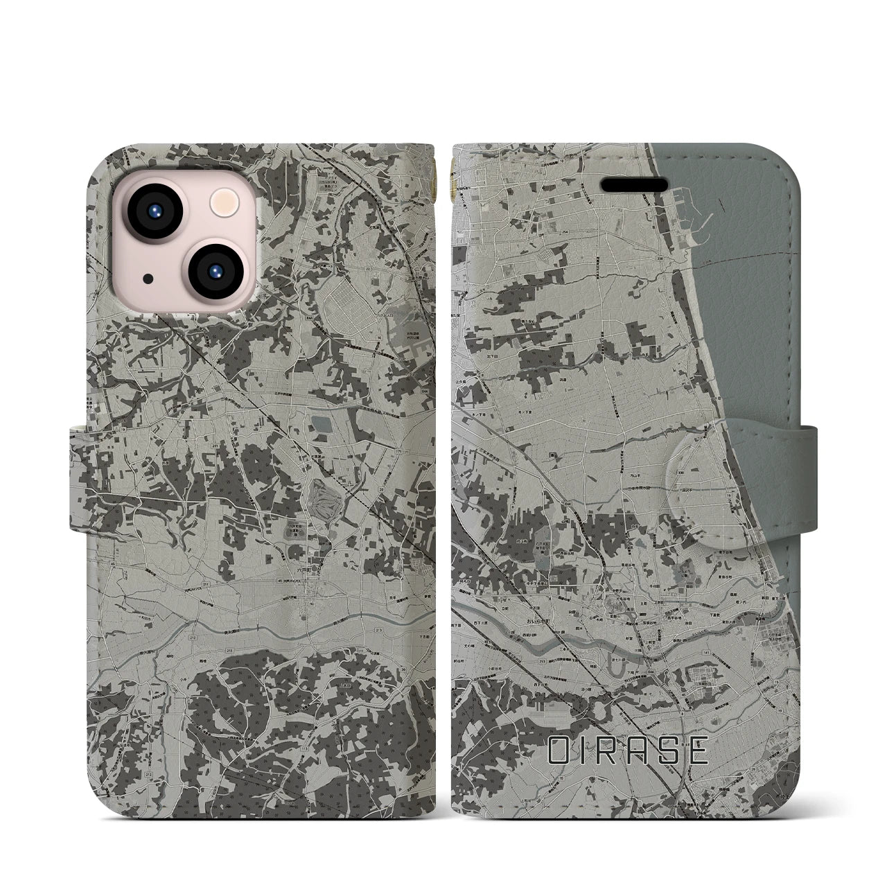 【おいらせ(青森県)】地図柄iPhoneケース(手帳タイプ)モノトーン・iPhone 13 mini 用