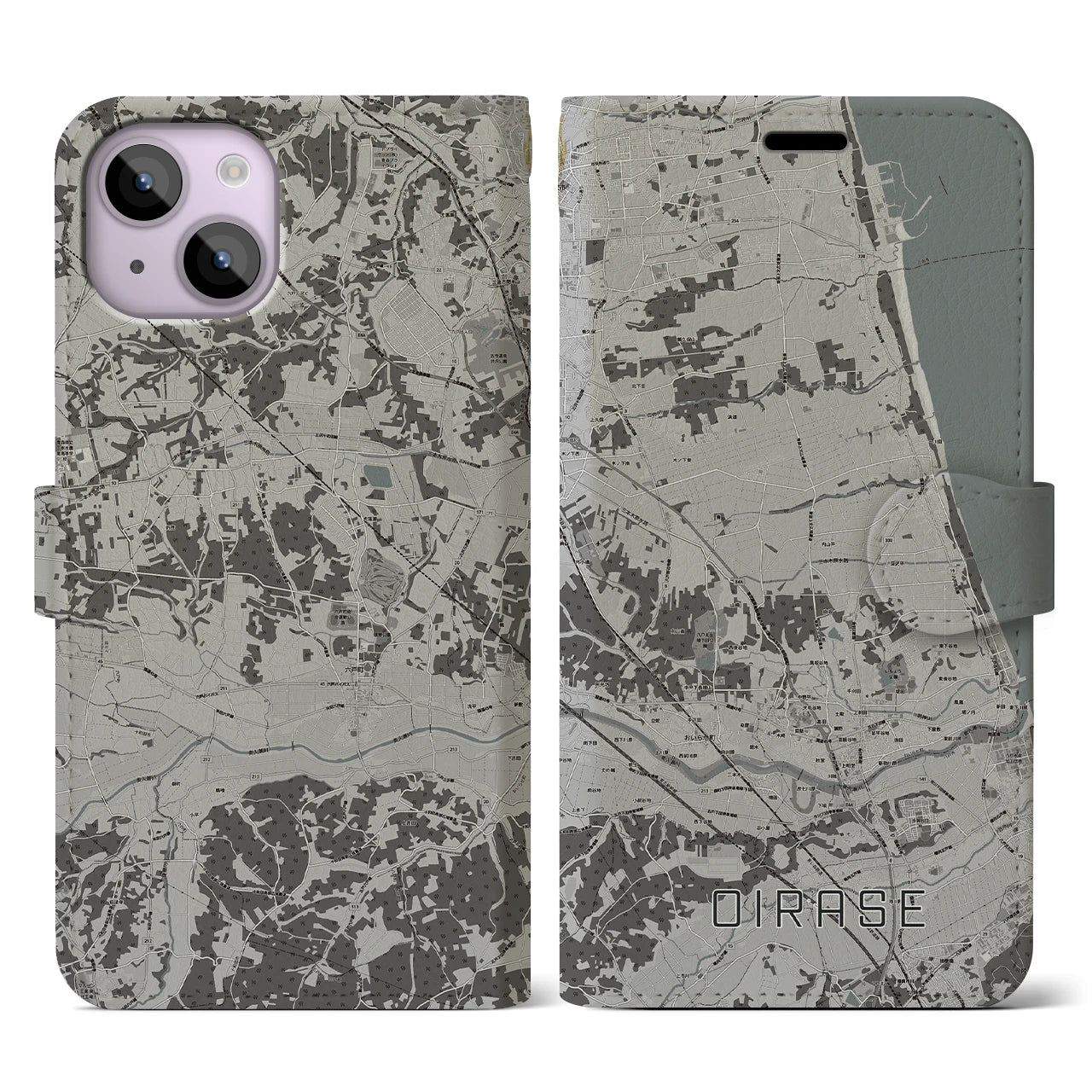 【おいらせ(青森県)】地図柄iPhoneケース(手帳タイプ)モノトーン・iPhone 14 用