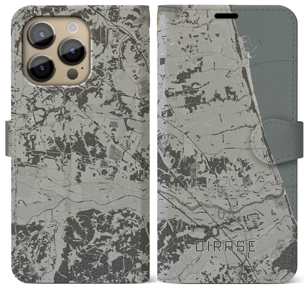 【おいらせ(青森県)】地図柄iPhoneケース(手帳タイプ)モノトーン・iPhone 14 Pro Max 用