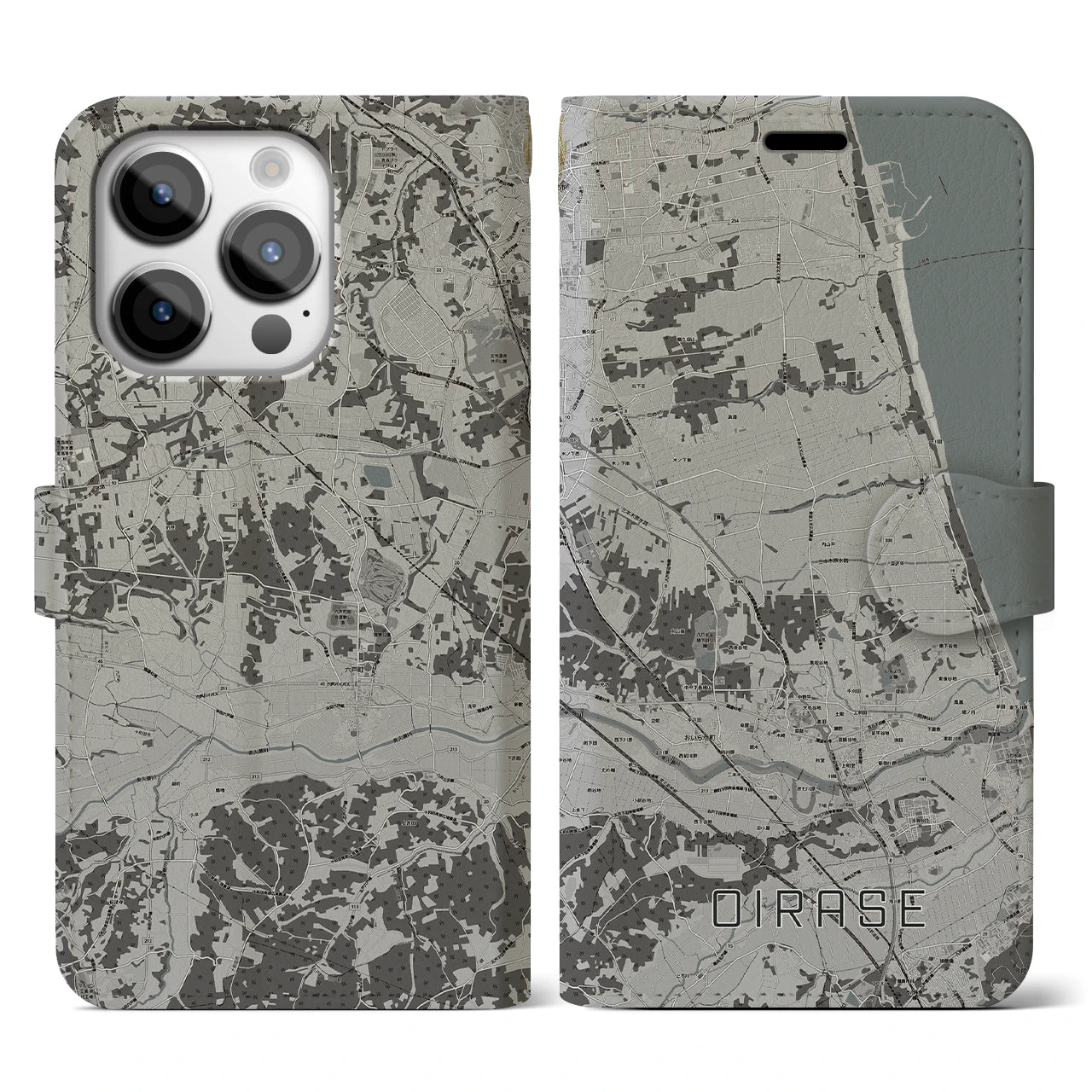 【おいらせ(青森県)】地図柄iPhoneケース(手帳タイプ)モノトーン・iPhone 14 Pro 用