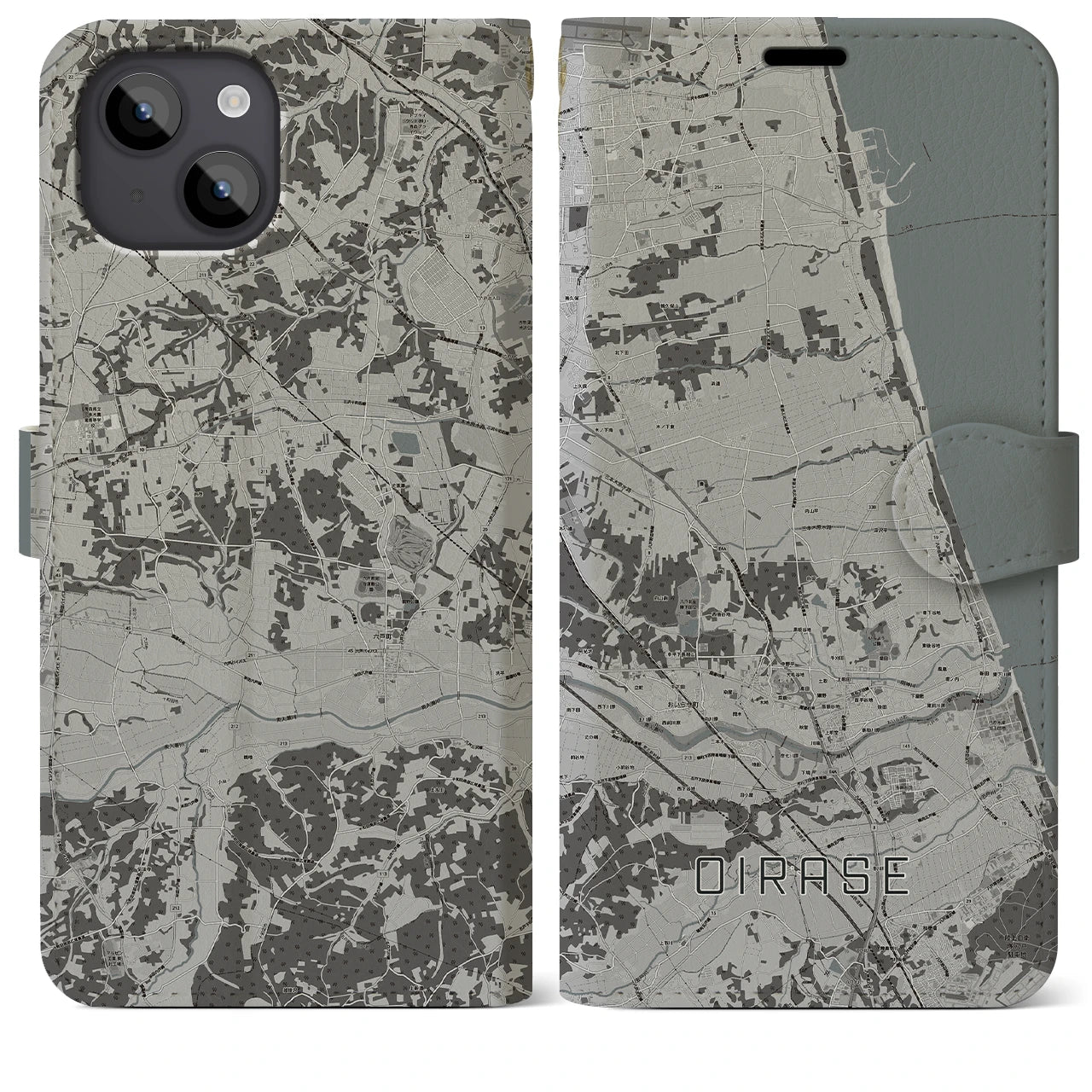 【おいらせ(青森県)】地図柄iPhoneケース(手帳タイプ)モノトーン・iPhone 14 Plus 用