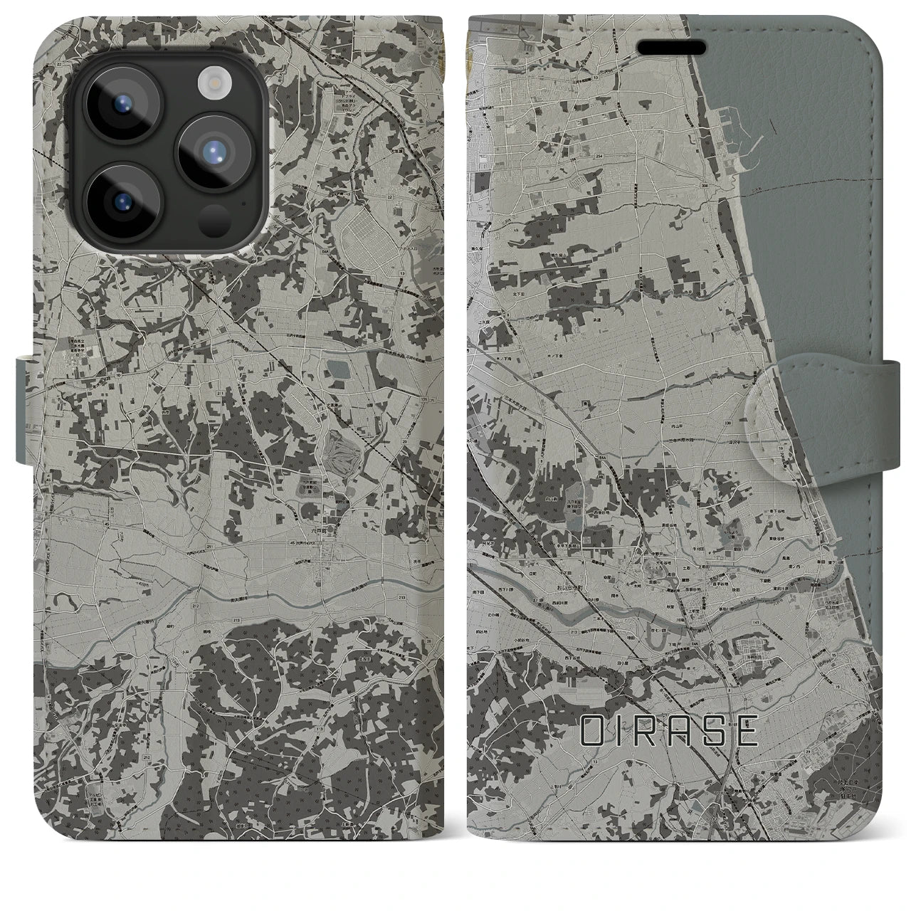 【おいらせ(青森県)】地図柄iPhoneケース(手帳タイプ)モノトーン・iPhone 15 Pro Max 用